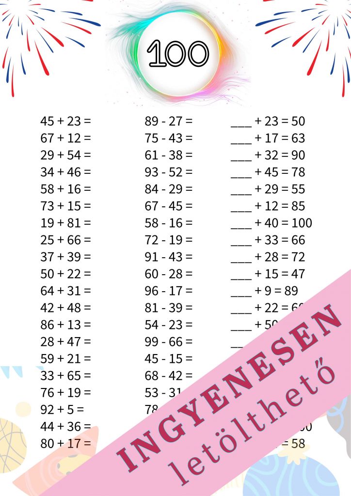 Matematika gyakorló feladatlap 100-as számkörben