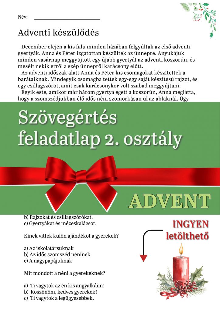 Szövegértés feladatlap / Advent