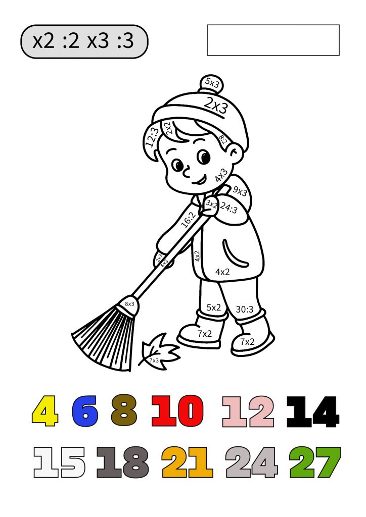Játékos színezős feladatlap a 2-es és 3-as szorzótábla gyakorlásához (2. osztályosoknak)