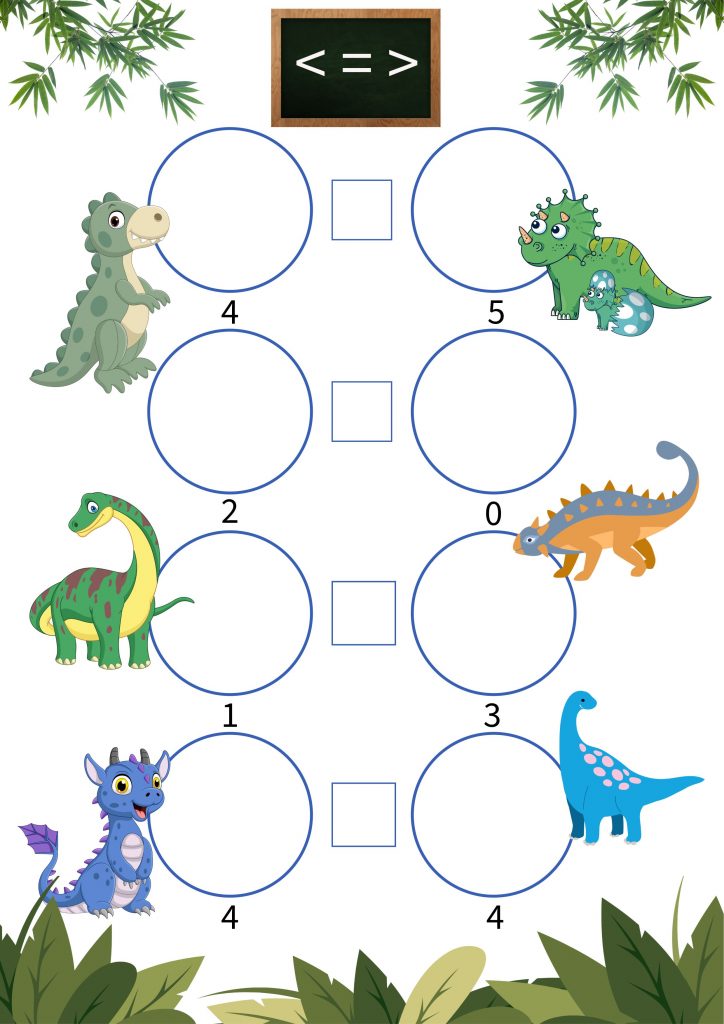 Relációs jelek gyakorlása dinókkal – Matematika feladatlap elsősöknek