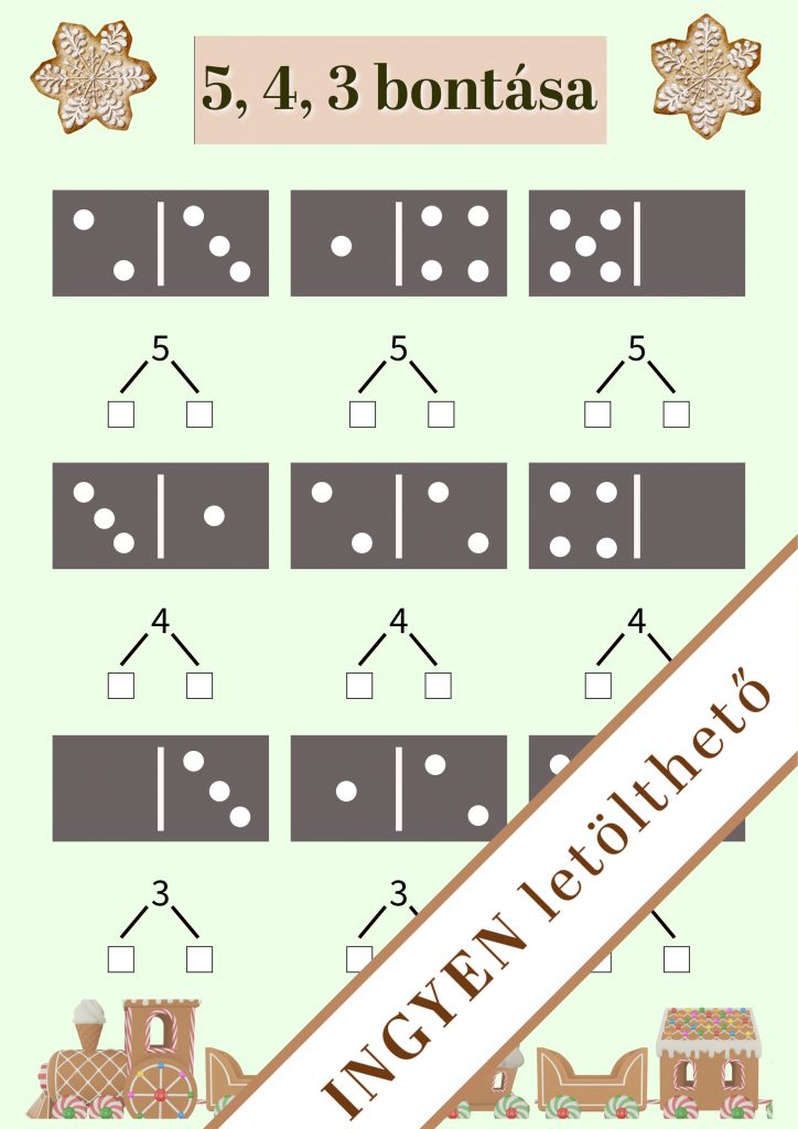 Számok bontása dominókkal – Elsős matematika gyakorlólap (5-ös számkör)