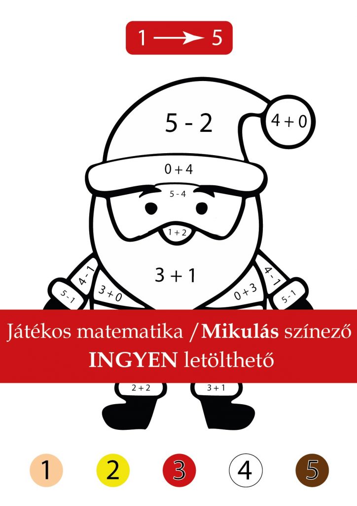 Mikulásos matematika színező 1. osztályosoknak – Játékos összeadás és kivonás 5-ös számkörben