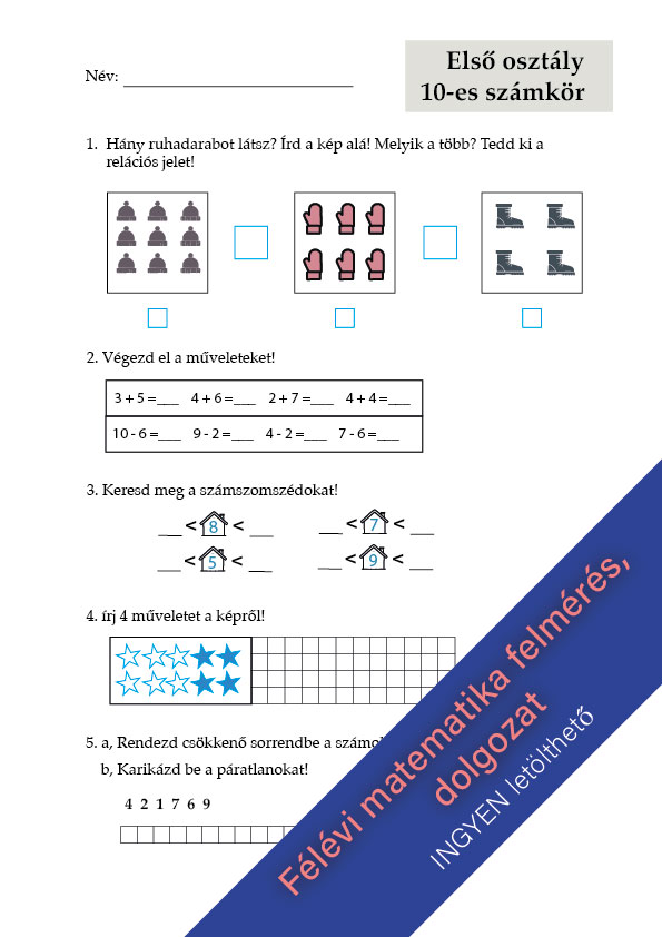 Félévi matematika felmérés első osztályosoknak – Gyakorlás 10-es számkörben