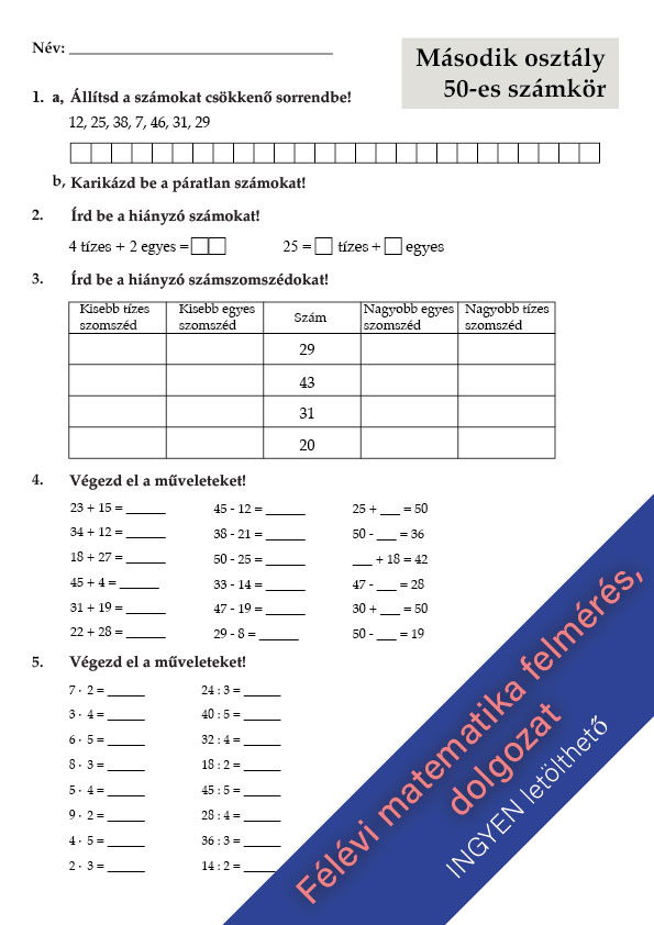 Félévi matematika felmérés második osztályosoknak – Gyakorlás 50-es számkörben