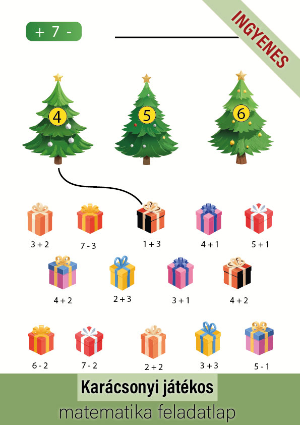 Karácsonyi matematika feladatlap elsősöknek – Összeadás és kivonás játékosan