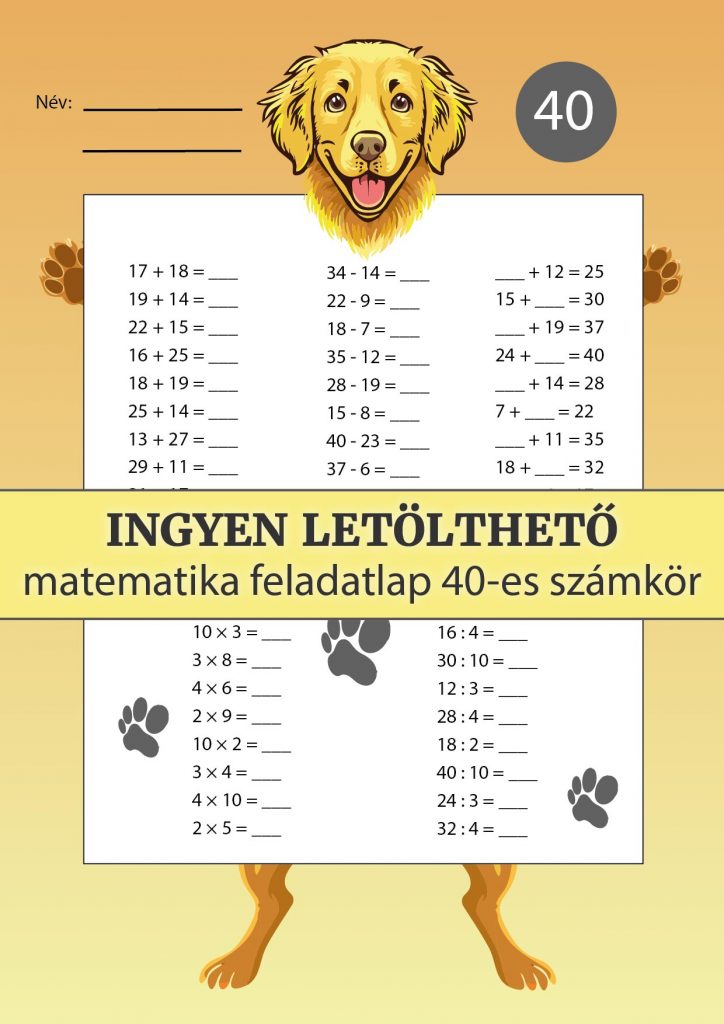 Kutyás matek gyakorló feladatlap – Számolási rutin fejlesztése 40-es számkörben