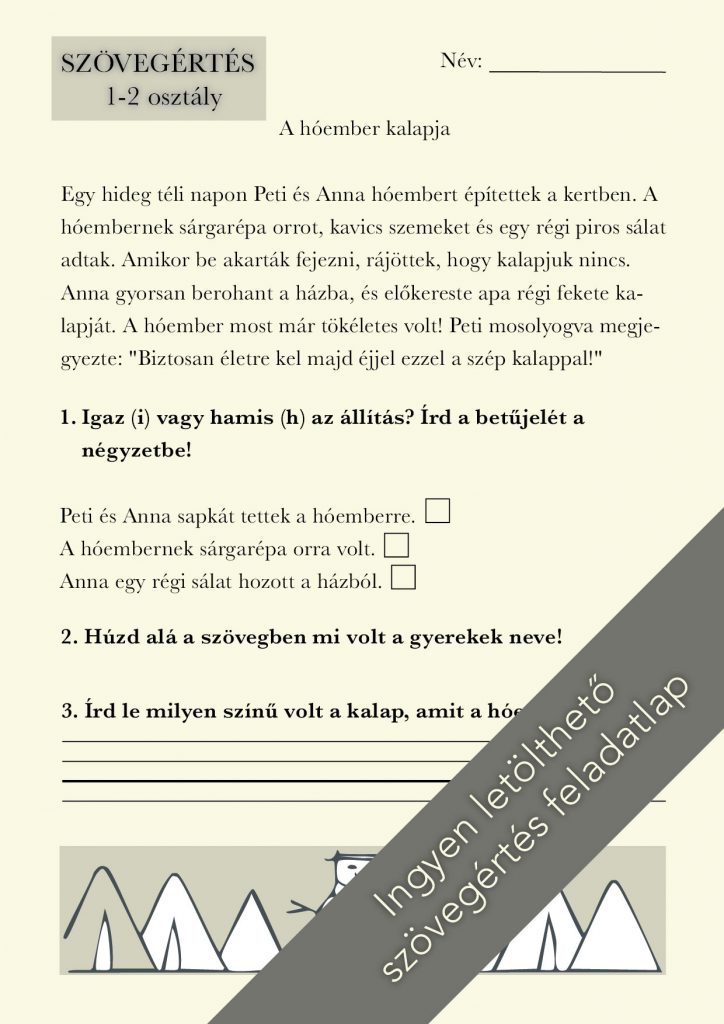 Egyszerű szövegértés feladatlap elsősöknek és másodikosoknak (hóember)