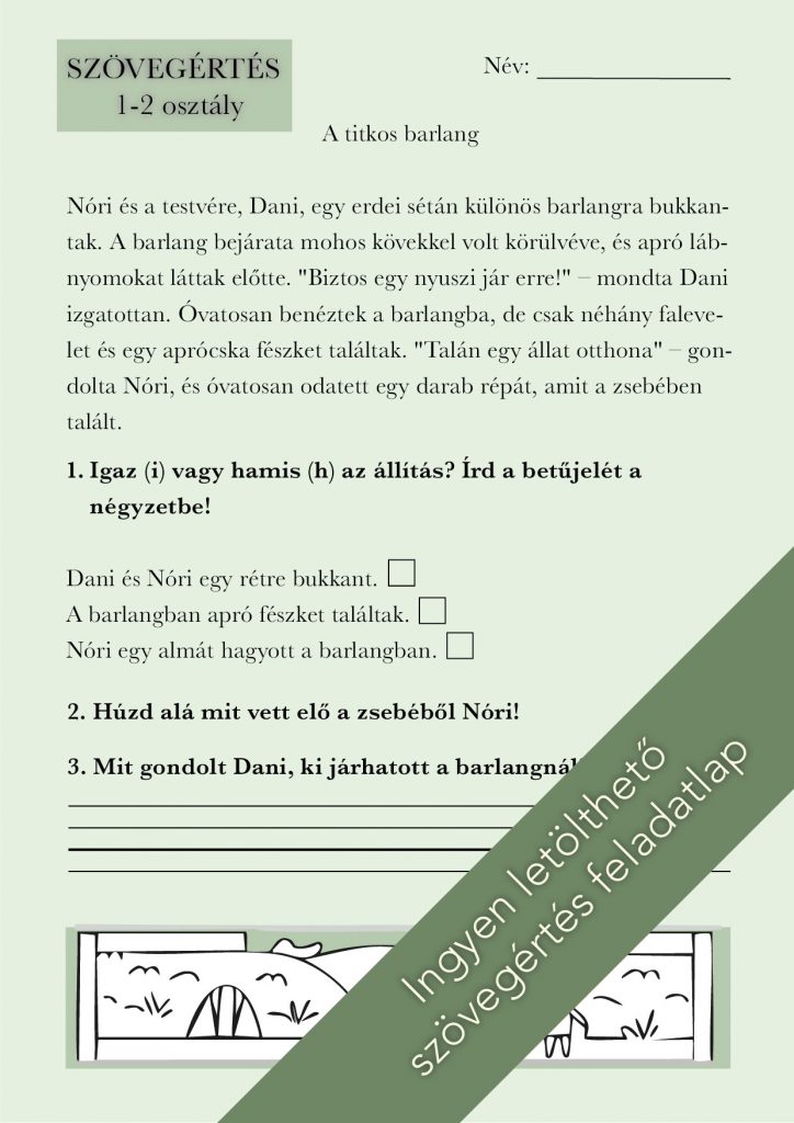 Egyszerű szövegértés feladatlap elsősöknek és másodikosoknak (barlang)