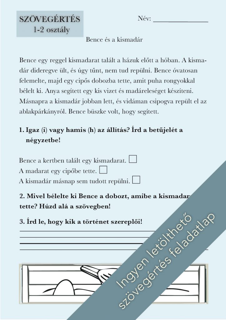 Egyszerű szövegértés feladatlap elsősöknek és másodikosoknak (kismadár)