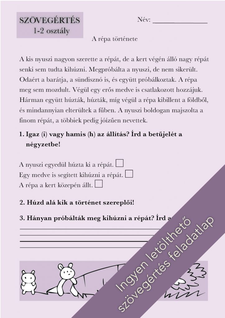 Egyszerű szövegértés feladatlap elsősöknek és másodikosoknak (nyuszi)