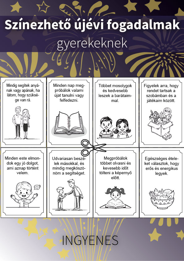 Újévi fogadalomkártyák gyerekeknek – Kivágható és színezhető kreatív ötlet
