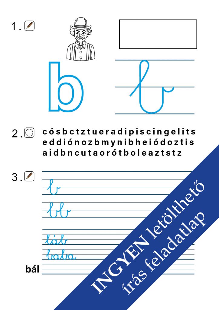 Színezhető feladatlap a „b” betű írásának gyakorlásához – játékos tanulás gyerekeknek