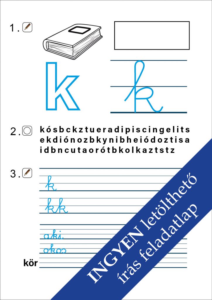Színezhető, játékos feladatlap a „k” betű írásának gyakorlásához – játékos tanulás gyerekeknek