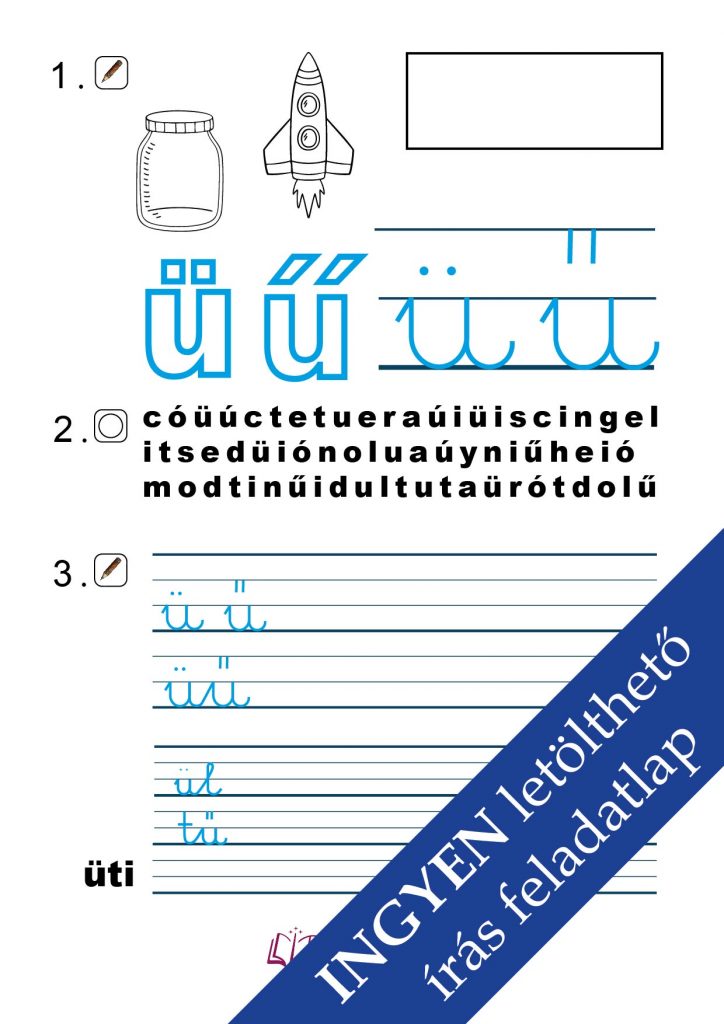 Színezhető feladatlap az „ü, ű” betűk írásának gyakorlásához – játékos tanulás gyerekeknek