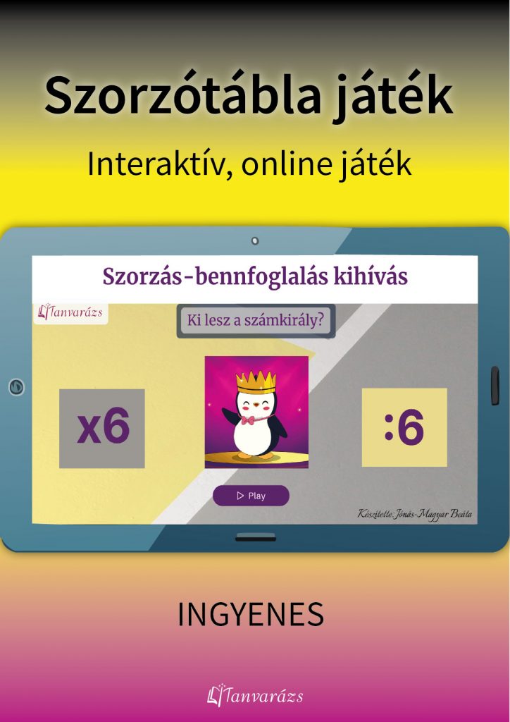 Egy táblagép képernyője, amin az interaktív játék jelenetei látszanak, vidám karakterekkel és könnyen felismerhető 6- os szorzás-osztás szimbólumokkal.