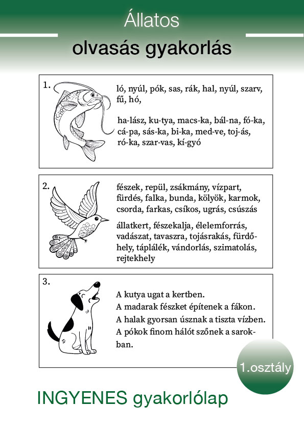 Állatos olvasás gyakorlás 1. osztályosoknak –