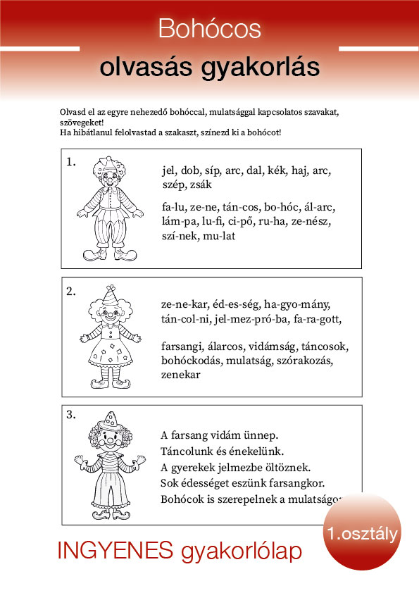 Bohócos olvasás gyakorlás 1. osztályosoknak – Nem csak farsangkor