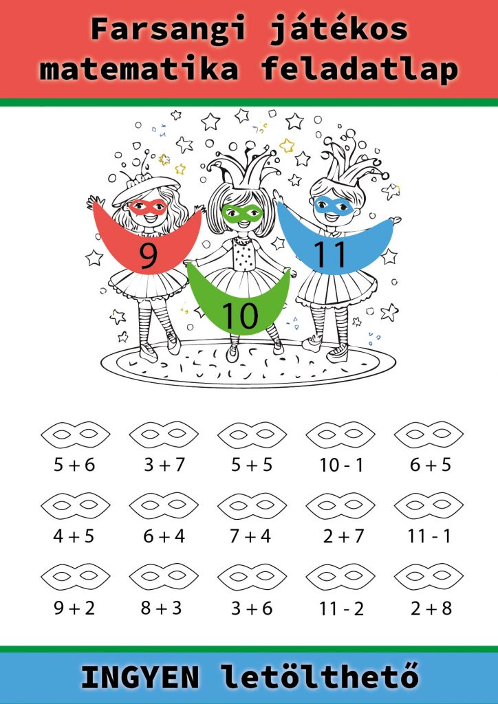 Farsangi matematika feladatlap 1. osztályosoknak – Összeadás és kivonás 11-es számkörben”