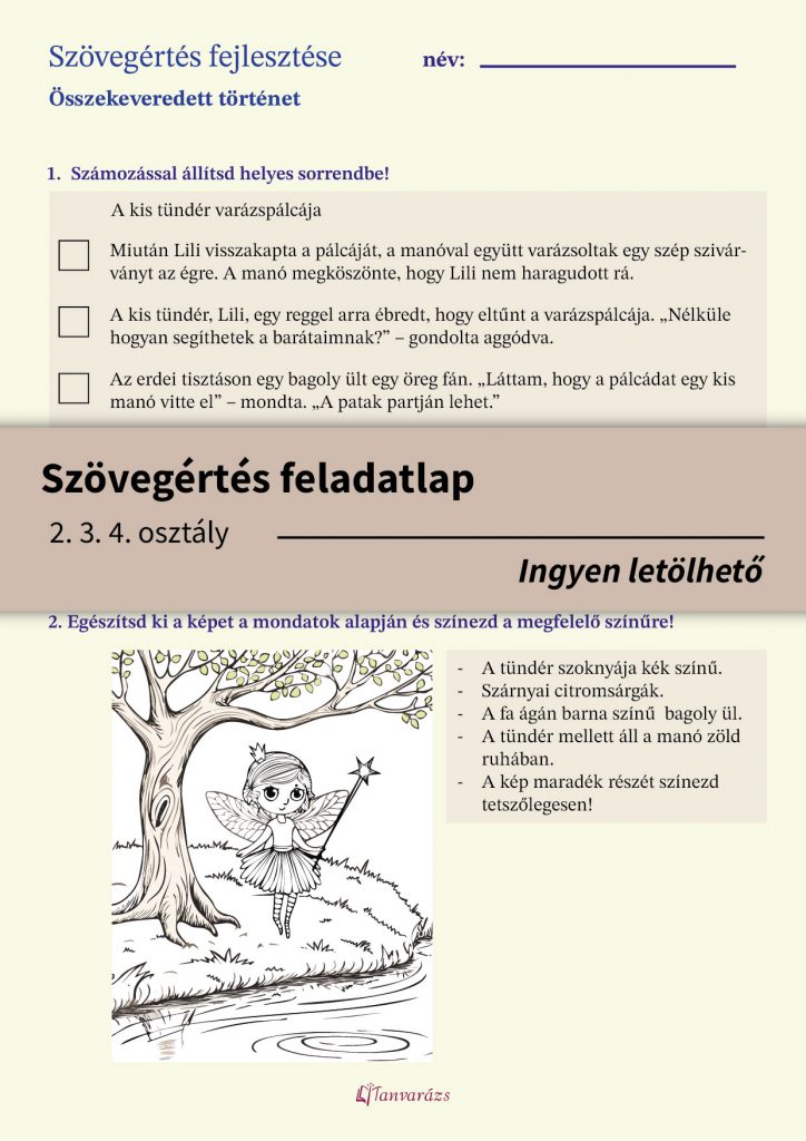 Szövegértést fejlesztő játékos feladatlap: összekeveredett történet rendezése és színezés