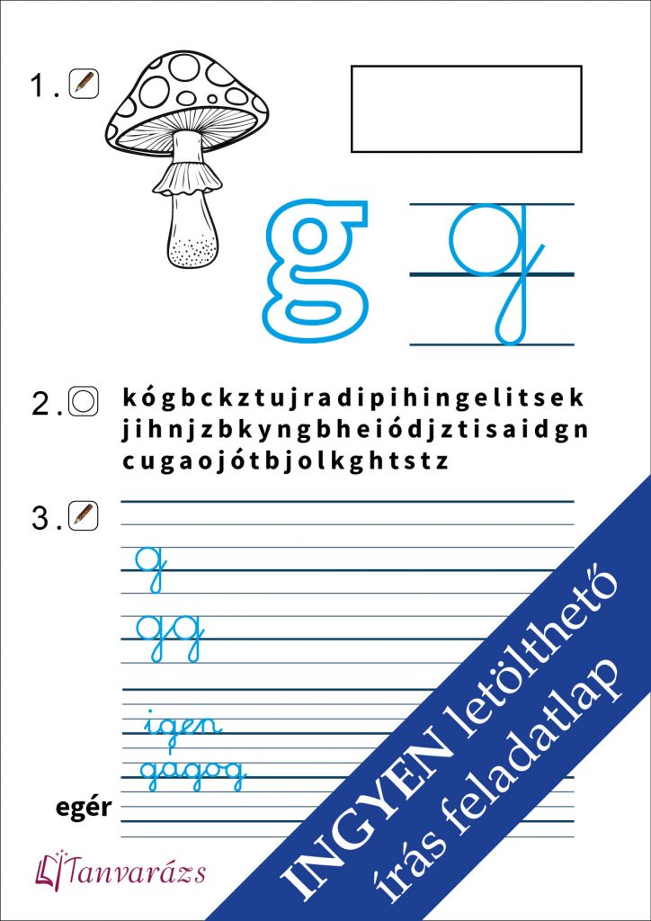 Színezhető, játékos feladatlap a „g” betű írásának gyakorlásához – játékos tanulás gyerekeknek