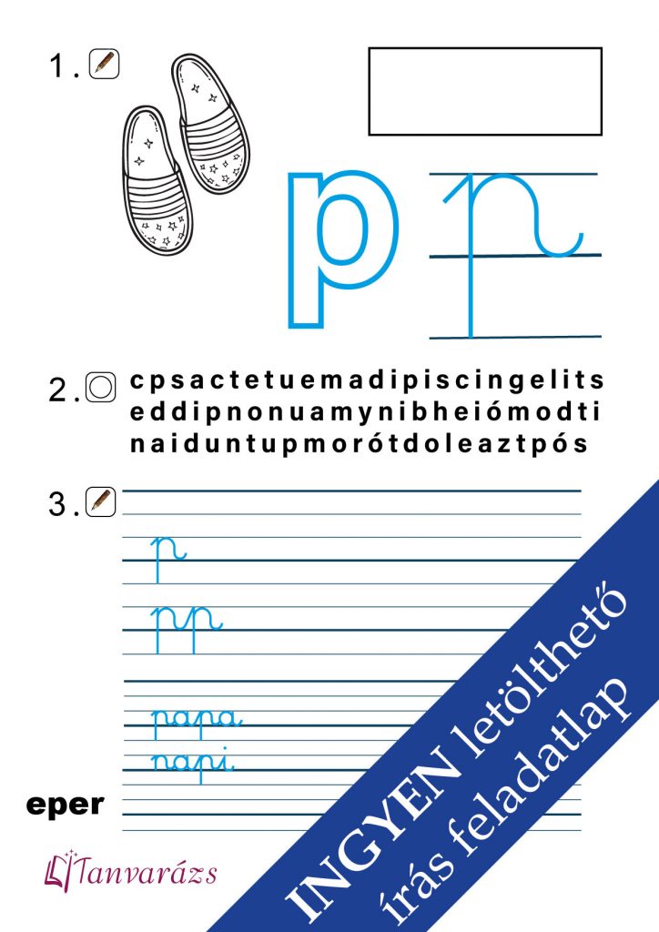 Színezhető, játékos feladatlap a „p” betű írásának gyakorlásához – játékos tanulás gyerekeknek