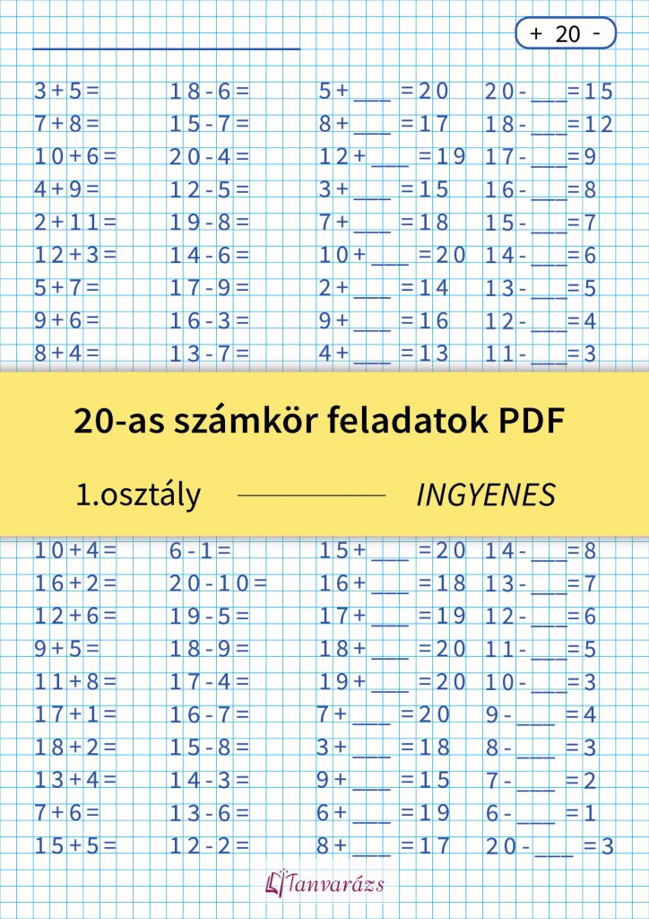 20-as számkör feladatok PDF – ingyenes matematika feladatlap első osztályosoknak