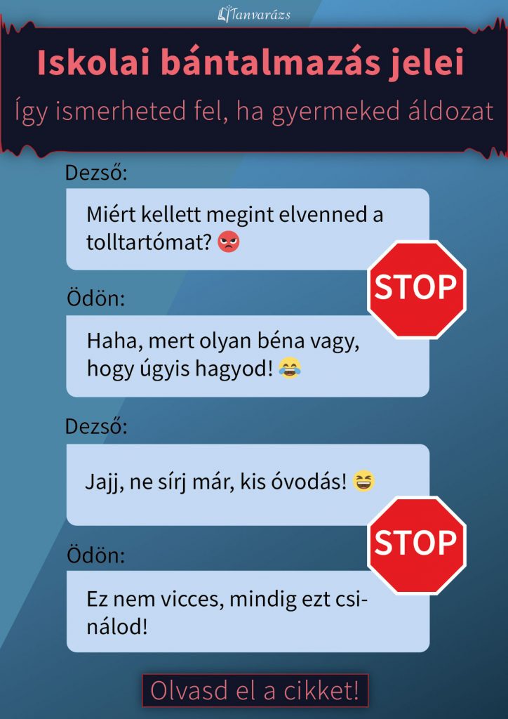 Iskolai bántalmazás egy online üzenetváltásban – egy gyermek zaklatást él át osztálytársa részéről. A kép célja a bullying felismerése és megelőzése.