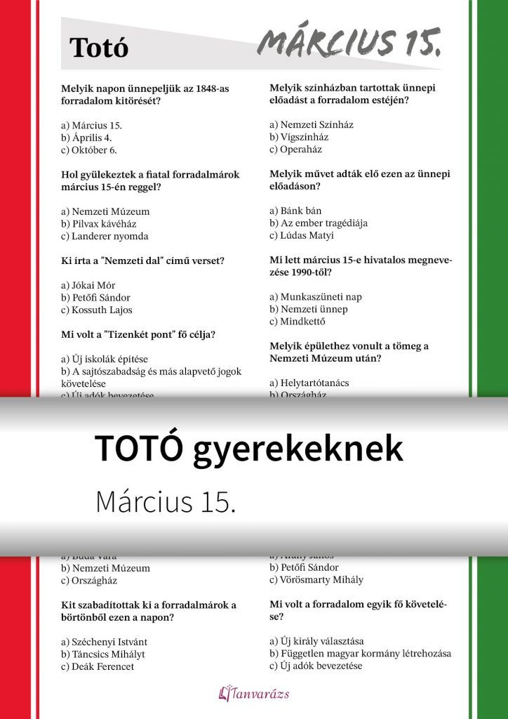 Március 15-i totó gyerekeknek – nyomtatható kvíz az 1848-as forradalom eseményeiről és jelentőségéről.