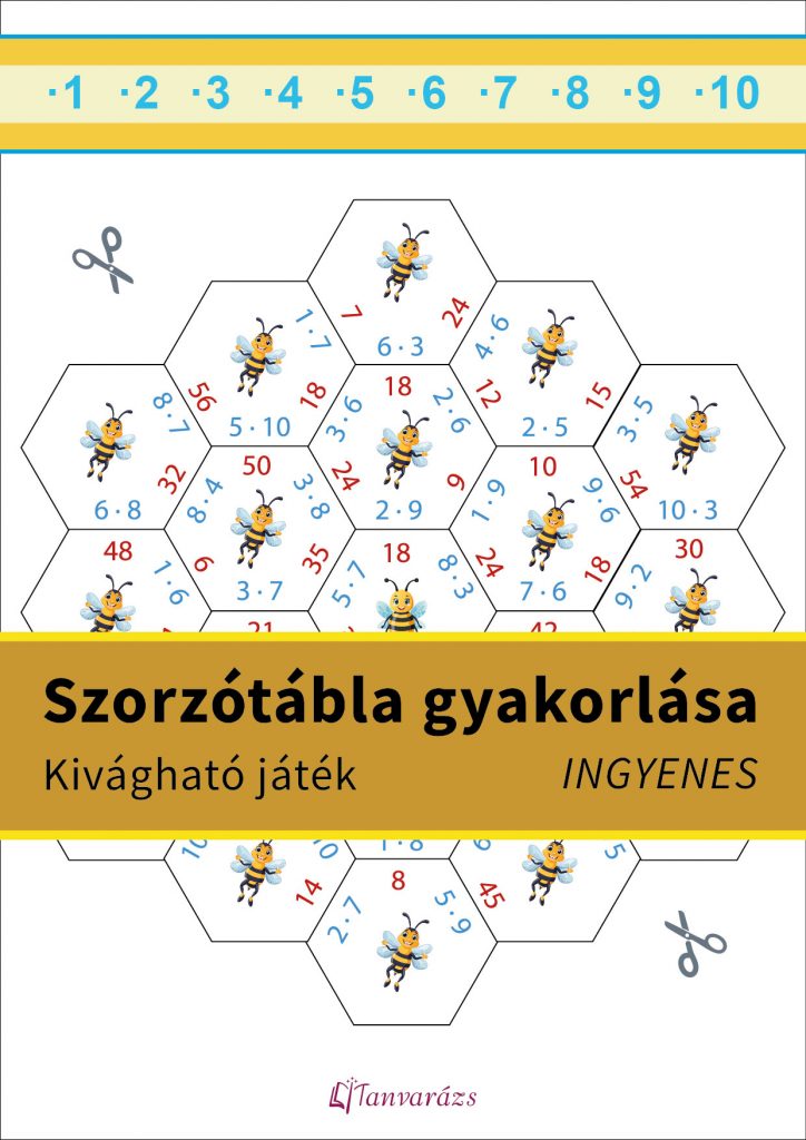 Szorzótábla gyakorlása játékosan – méhkaptár építő feladatlap másodikosoknak, kivágható hatszög alakú lapokkal.