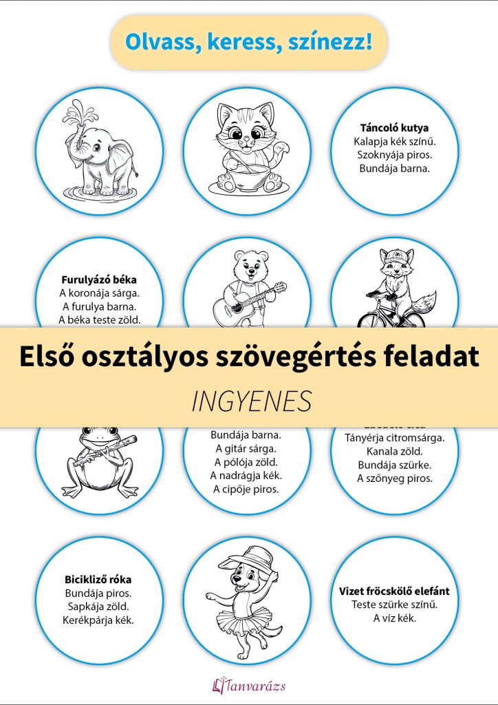 Első osztályos szövegértés feladat – játékos színezős gyakorlat, amely fejleszti az olvasási készséget és a szövegértést.