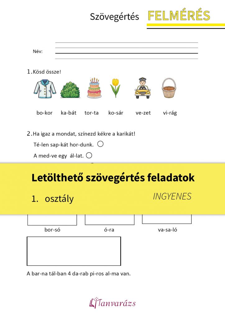 Ezek a letölthető szövegértés feladatok 1. osztályosoknak készültek. Három feladatot tartamlaznak: 1. Első feladat – A gyerekeknek képeket kell összekapcsolniuk a megfelelő szavakkal, segítve a szókincs bővítését és a vizuális figyelem fejlesztését. 2. Második feladat – Igaz-hamis állítások eldöntése, amely fejleszti a gyermekek szövegértési és kritikai gondolkodását. 3. Harmadik feladat – Rajzolás a szavak és mondatok alapján, amely segíti a kreativitás és a szöveg mélyebb megértésének fejlődését.