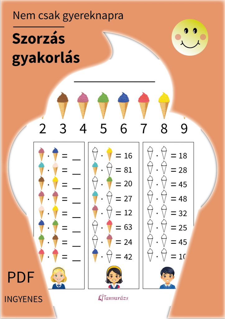 Szorzás gyakorlás: Szórakoztató fagylaltos játék gyerekeknek. Fejleszd a szorzást, logikus gondolkodást és koncentrációt szórakoztató módon. Ingyenes PDF letöltés szülőknek és pedagógusoknak.