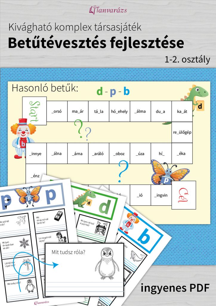 Papírból kivágható társasjáték, amely segít a gyerekeknek gyakorolni a d, p, b betűk helyes használatát, szórakoztató módon fejlesztve a betűtévesztés kezelését.