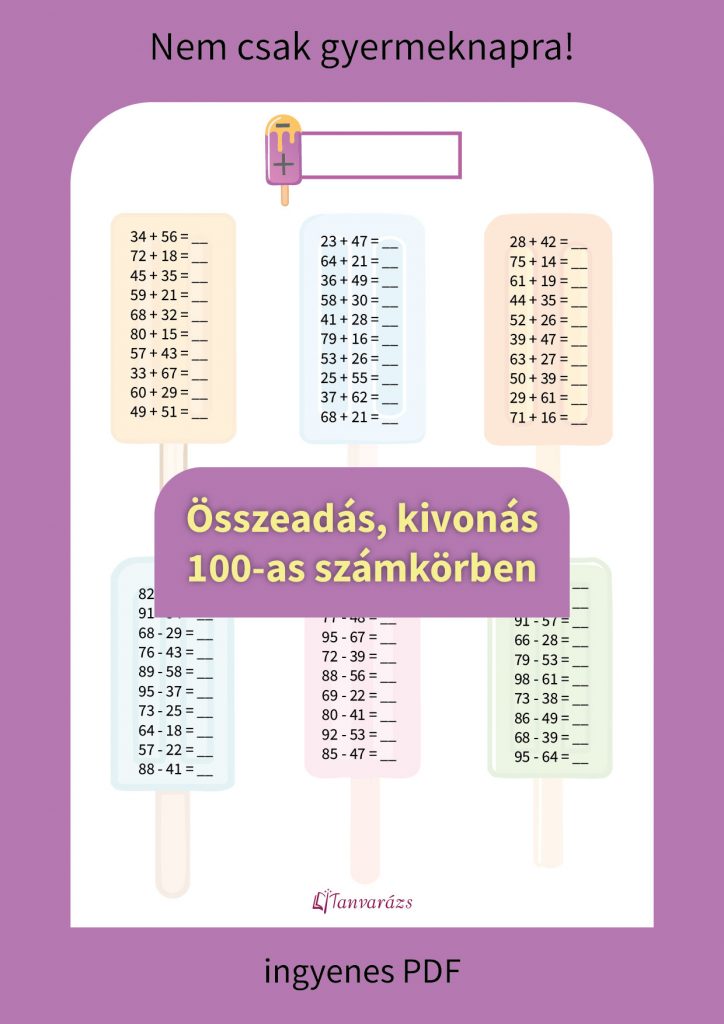 Több összeadás, kivonás 100-as számkörben, gyerekeknek szánt színes jégkrém témájú feladatokkal.