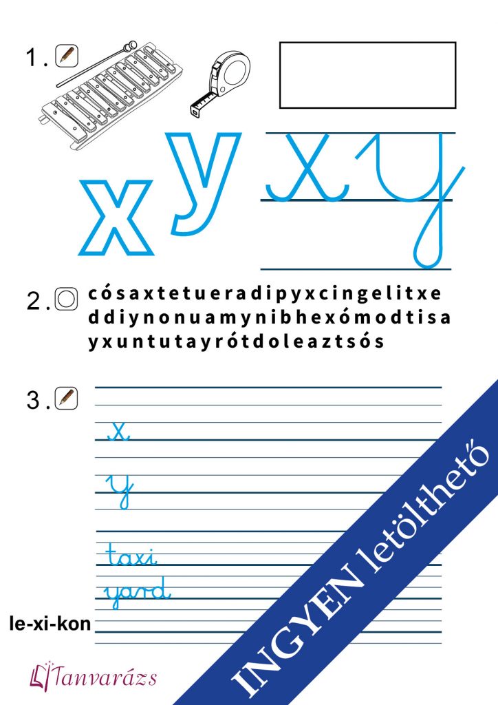 Első osztályos feladatlap x és y betűk írásához színezéssel.