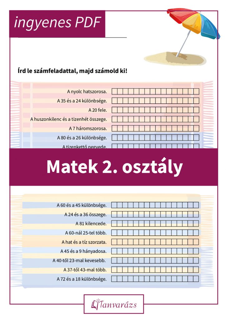 Második osztályosoknak készült matek feladatlap, amelyben a gyerekek írásbeli utasítás alapján választhatják ki a megfelelő matematikai műveletet, mint az összeadás, kivonás, szorzás vagy osztás.