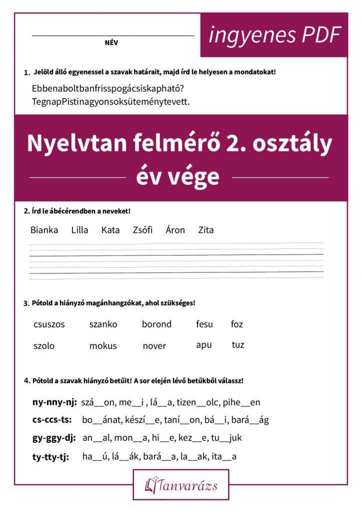 Nyelvtan felmérő 2. osztály – ingyenes letölthető PDF gyakorló feladatokkal