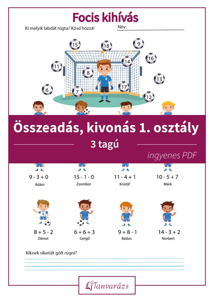 Összeadás, kivonás 1. osztályos gyerekek, focis témájú feladatlap, ahol ki kell számolni ki rúgta a gólt.