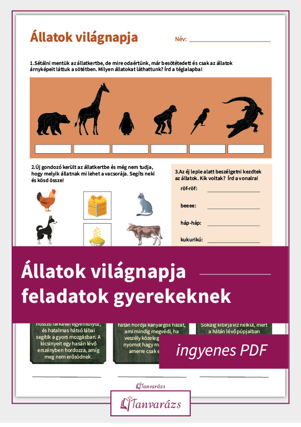 Állatok világnapja feladatok gyerekeknek. Alsó tagozatos feladatlap állatos témában.