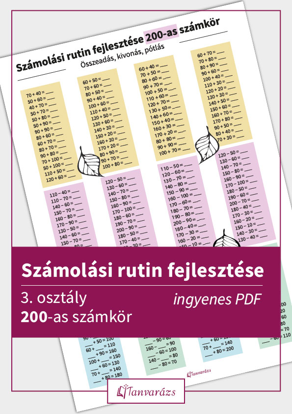 Számolási rutin fejlesztése 200-as számkör - feladatlap harmadik osztályosoknak