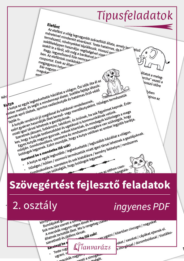 Ingyenes, letölthető szövegértést fejlesztő feladatok 2. osztály számára állatos témában, a nehéz feladattípusok gyakorlására.